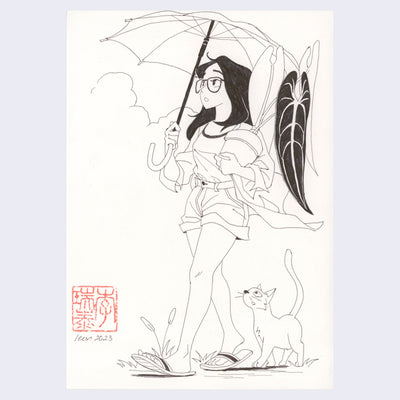 Ink drawing of a woman, wearing shorts, sandals and holding an open umbrella. In her other hand is a potted plant and a small cat follows behind her.