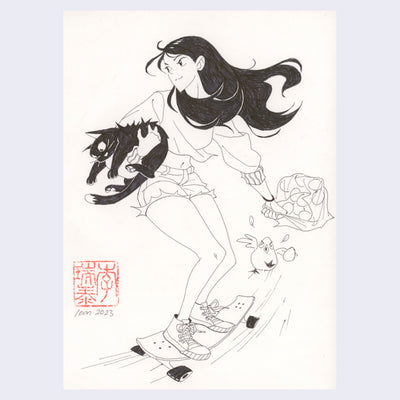 Ink drawing of a long haired woman on a skateboard, holding a frightened cat in one arm and a bag filled with fruit in the other.