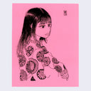 Ink drawing on pink paper of a portrait of a woman's bust. She faces right and looks back over her shoulder slightly. She wears a sea shell patterned sweater.