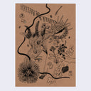 Tan paper with a series of object sketches, all running into each other. Items include a goat, a woman's eye, sea urchin, leaves and branches.