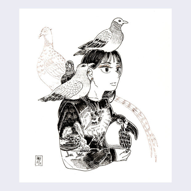 Ink drawing of a woman's bust, facing to the right. She wears a graphic sweater with birds printed on it and all around her, in her hands and on her head and shoulders, are different birds. 