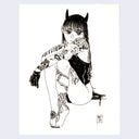Ink drawing of a woman with horns, sitting on the ground with her knees drawn into her chest. She has various tattoos scattered on her body and wears a black one piece bathing suit. One hand has a black glove on it.