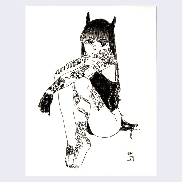 Ink drawing of a woman with horns, sitting on the ground with her knees drawn into her chest. She has various tattoos scattered on her body and wears a black one piece bathing suit. One hand has a black glove on it.