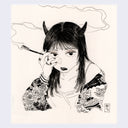 Ink drawing of the bust of a woman, who has horns and wears a ornately decorated jacket that slips off one shoulder. She has her hand to her face and holds a long stick of incense between her fingers.