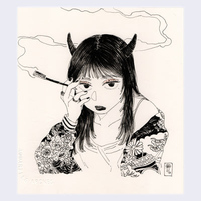 Ink drawing of the bust of a woman, who has horns and wears a ornately decorated jacket that slips off one shoulder. She has her hand to her face and holds a long stick of incense between her fingers.