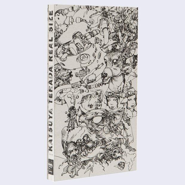Unsleeved book cover, gray with a wildly elaborate series of drawings of mech women and mech animals, with their parts detached.
