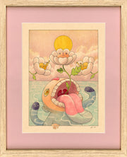 "Rebirth" in a light wooden frame with pink framing mat. Piece description can be read in previous photo's alt text.