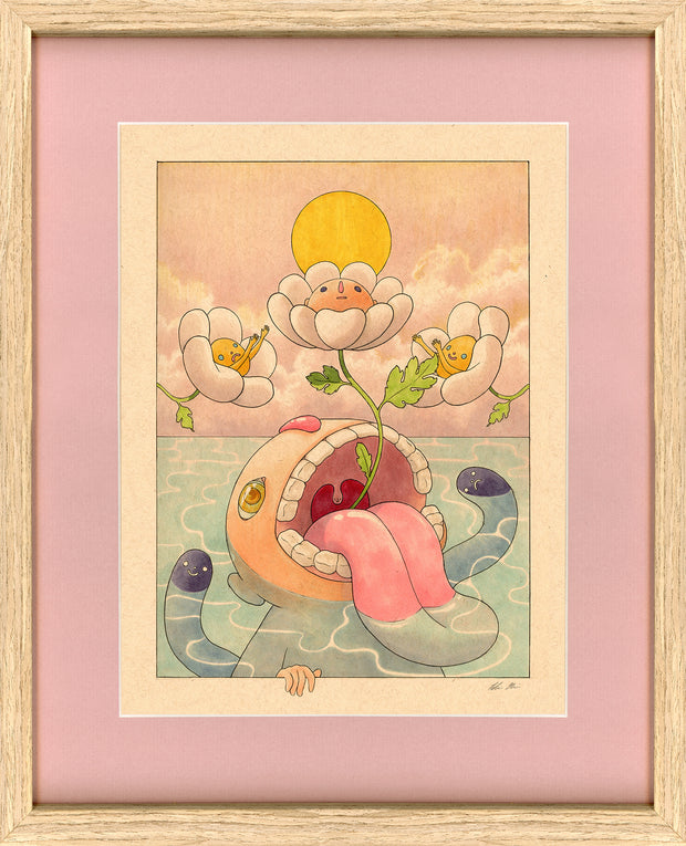 "Rebirth" in a light wooden frame with pink framing mat. Piece description can be read in previous photo's alt text.