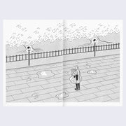 Open 2 page excerpt, all black and white featuring simple line art illustrations spanning both pages. A exterior sidewalk setting with iron gates, lampposts and tall trees. A woman carrying lots of bags stands in the middle, looking off the the side.