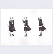 Open 2 page excerpt, all black and white featuring simple line art illustrations of a woman, dressed in a suit coat and long pleated skirt. She holds a tube in her hand and does 3 different poses. Looking, writing with chalk, and covering her crying face.