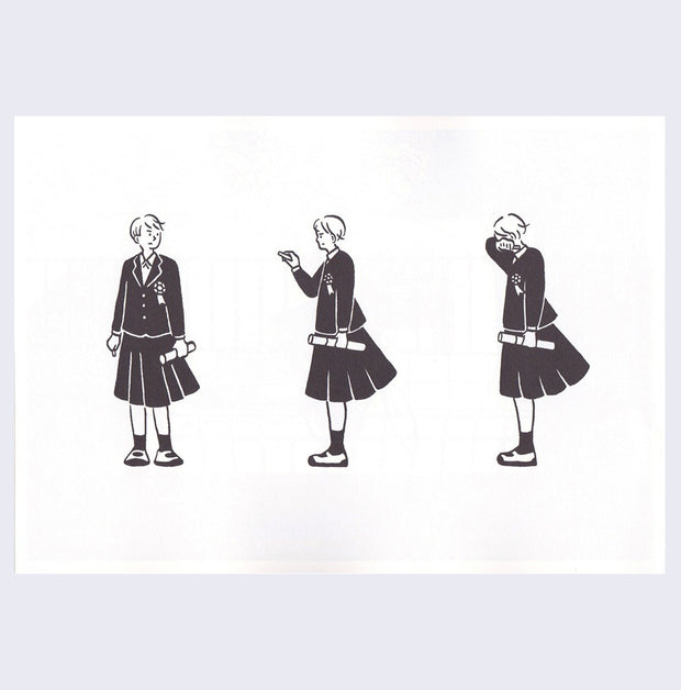 Open 2 page excerpt, all black and white featuring simple line art illustrations of a woman, dressed in a suit coat and long pleated skirt. She holds a tube in her hand and does 3 different poses. Looking, writing with chalk, and covering her crying face.