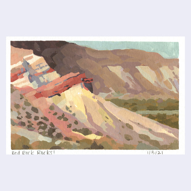 Plein air painting of the red rocks, with bright rocks in the foreground and darker rocks in the background.