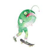 Finely shaded color pencil illustration of a green anglerfish with two legs, wearing tube socks and shoes and riding a skateboard.  All white background.