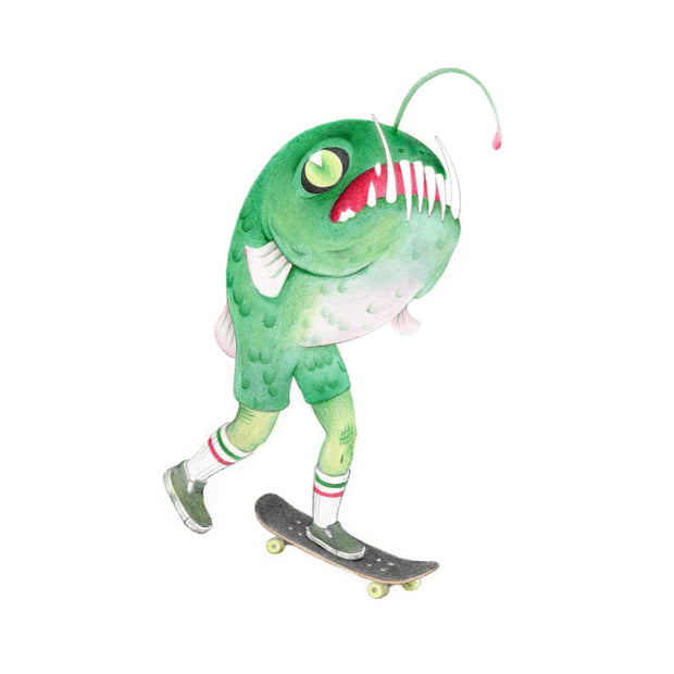 Finely shaded color pencil illustration of a green anglerfish with two legs, wearing tube socks and shoes and riding a skateboard.  All white background.