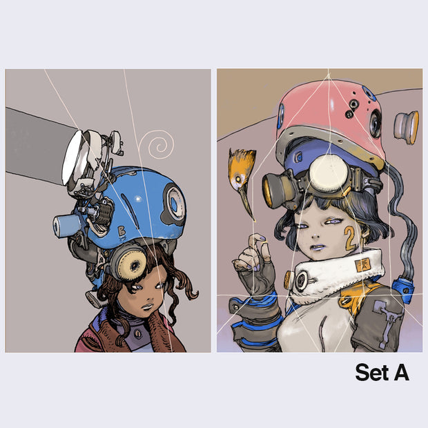 Two illustrated prints. On the left, a young person with brown hair looking solemnly off to the side, wearing a blue mechanized helmet. On the right, a young girl looking at the viewer, with a pink mechanized helmet and action suit.