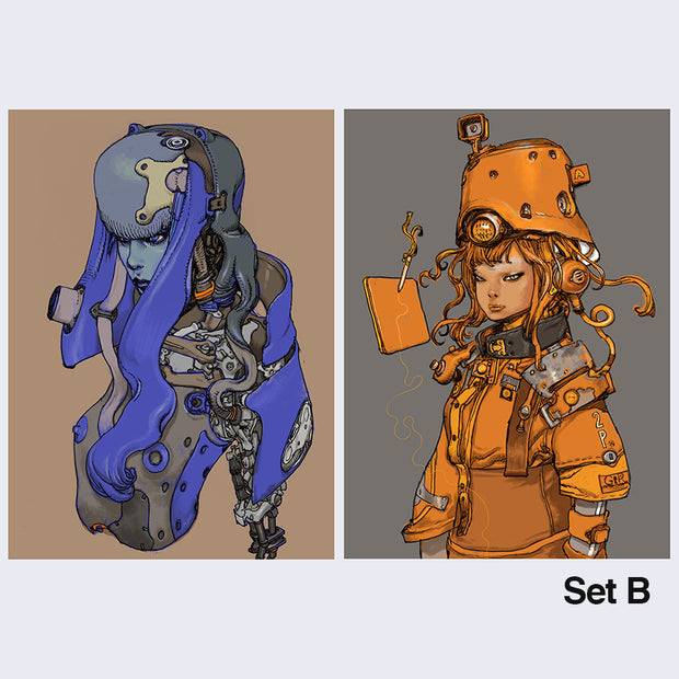 Two illustrated prints. On the left, a primarily blue half mech figure wearing a helmet with long hair. On the right, a primarily orange woman wears a heavy duty helmet and detailed outfit.