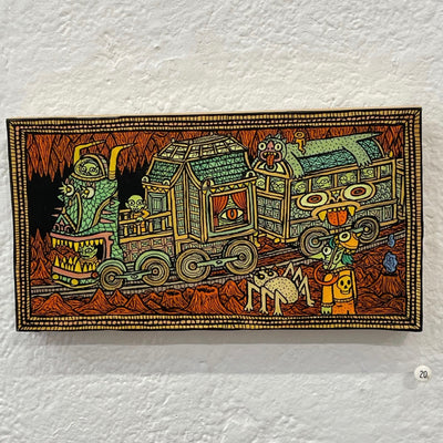 Illustration on wood of a cave setting, with brown patterned rock formations. A multi car train goes by, with a large green monster head as the front with various monsters riding. A green goblin with a pet spider look onwards.
