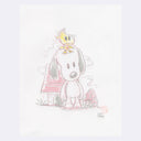 Pencil drawing of a stylized Snoopy, standing outside of his red dog house with Woodstock standing on his head.