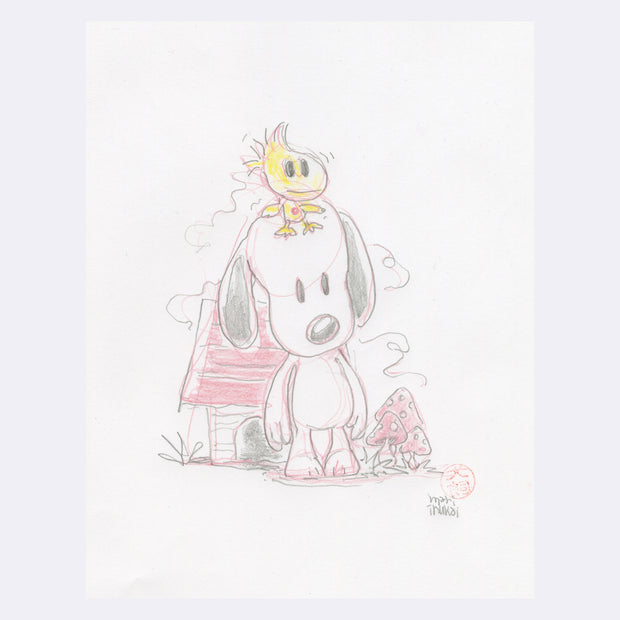 Pencil drawing of a stylized Snoopy, standing outside of his red dog house with Woodstock standing on his head.