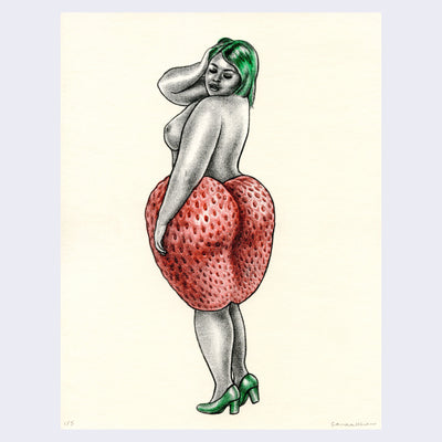 Illustration of a topless woman with green hair, standing in green heels. She looks down over her shoulder, with her lower half covered by a strawberry shaped like a butt.