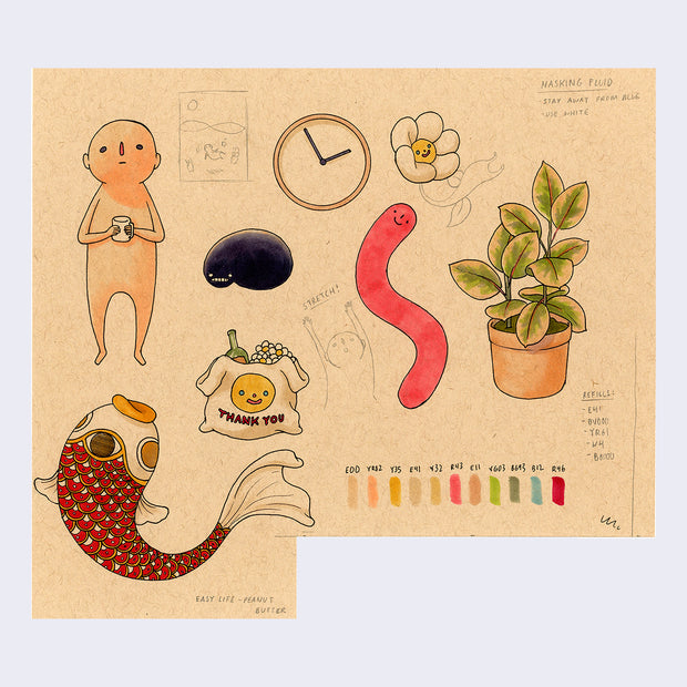 Multiple doodles on a brown toned piece of paper with a strip cut out of the bottom right. Doodles include a character holding a coffee mug, a clock, flowers, plants, a worm, a bag of groceries and a 3 eyed koi fish.