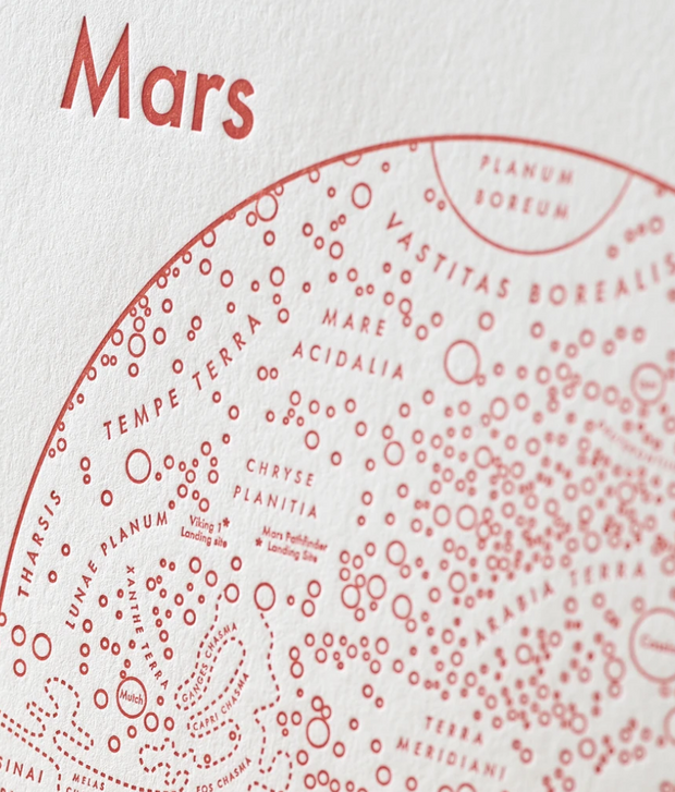 Close up of orange silkscreen on white paper of Mars, depicted abstractly as various circles and lines. Photo shows the grain of the paper.