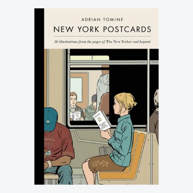 Outside packaging cover for Adrian Tomine's New York Postcards set, featuring an illustration of a woman on the subway locking eyes with a man on another subway, reading the same book as one another.