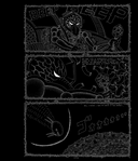 Page excerpt, silver ink alien driving a space ship into a textured planet.