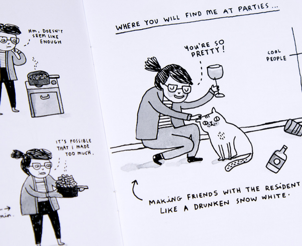 Page excerpt, featuring a comic style drawing of a woman holding a glass of wine and bending down to pet a cat with accompanying text.