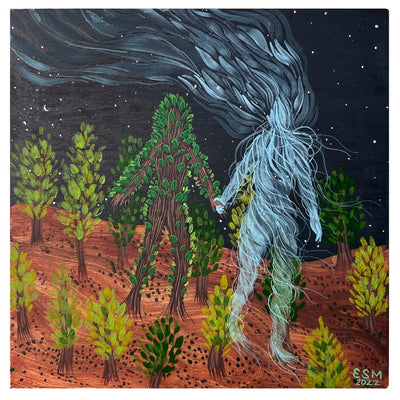 Painting of two large creatures standing in the middle of a field of trees. One creature is made entirely of branches and leaves and the other creature is made of wispy blue lines, fading away into the sky. They hold hands.