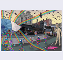 Close up of a busy, colorful street scene with a large eye in the middle with rainbow beams coming out of it
