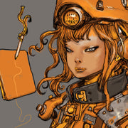 Close up detail of orange woman's face and floating journal nearby.