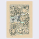 Pen drawing of an elaborate scene on tan paper, with many blooming plants and flowers and a goat standing on a metal container in the upper right.