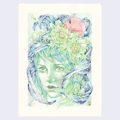 Pen illustration on cream colored paper of a woman's face, with green flowers atop her head and blue leaves wrapped around her head and face.