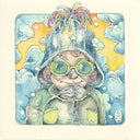 Pen illustration on cream paper of a smiling girl with large sunglasses, a silly hat and a coat tied up to her neck. Her face is mainly covered but you can see a sneaky smile.