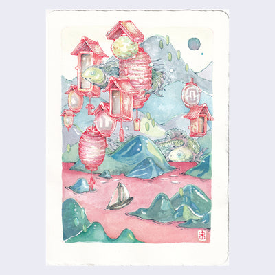 Painting on white paper of a blue mountain range with a pink lake. A sailboat rides in the lake with a large monstrous fish behind.