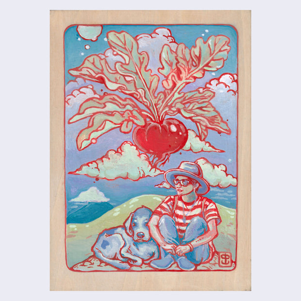 Colorful illustration of a person wearing a striped shirt, sitting on the ground with a large blue dog. Behind is a cloudy sky with a large radish with many stem leaves coming off of it.