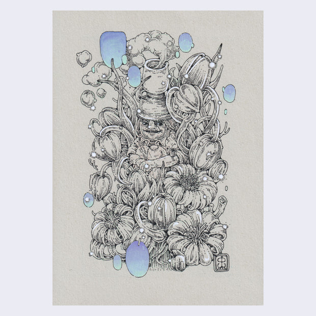 Fine line illustration of an older man, akin to a gnome, sitting on the ground with his knees drawn into his chest. Around him are large flowers and leaves. Paper is gray and the only color accents are purplish blue ombre circles floating around.