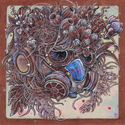 Illustration of a intricate and colorful gas mask, covered all around with wispy hair, flowers and seed pods. Piece is mounted on warm toned wood. 