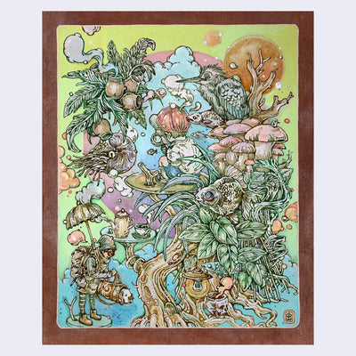 Colorful illustration of a small child, sitting in a tree house of sorts with lots of flowers, leaves and mushrooms sprouting out. A large bird sits on a top of the tree. 