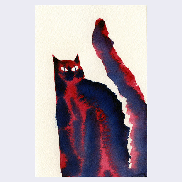 Dark blue and red watercolor illustration of a semi abstract cat, with only its eyes visible on cream paper. The cat sits with its long tail pointed straight up.