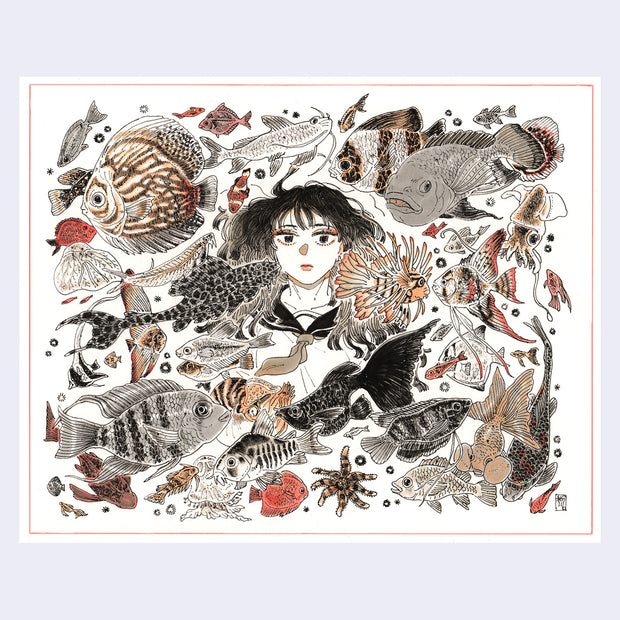Ink and watercolor drawing of a girl in a sailor's shirt with the majority of her body and surroundings obscured by dozens of fish, all different types.