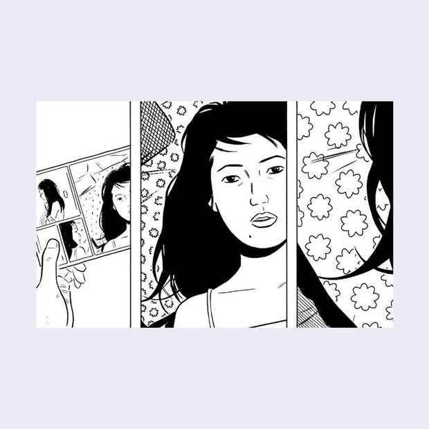 Black and white panel excerpt, an illustrated woman lays on her bed and looks and various photos of herself.