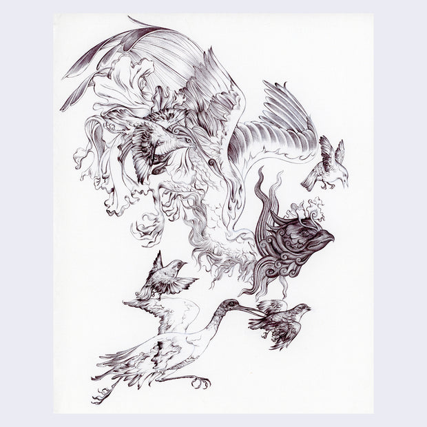 Finely rendered and detailed graphite illustration of a flock of varying birds, with very flowy wings. Birds include cranes, sparrows, hawks and eagles.