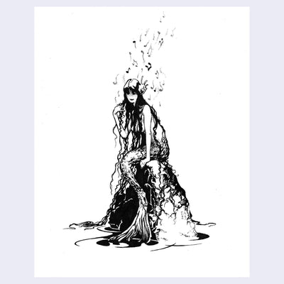 Black ink drawing on white paper of a mermaid, with long wavy hair sitting on a rock with music notes floating up off of her.