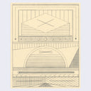 Graphically linear pencil drawing on cream paper, divided into 3 quadrants. Top includes a diamond shaped building, the second is a rounded tunnel building and the bottom is a series of half circles.