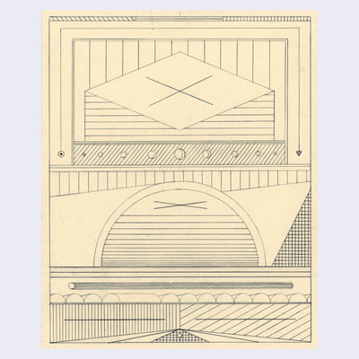 Graphically linear pencil drawing on cream paper, divided into 3 quadrants. Top includes a diamond shaped building, the second is a rounded tunnel building and the bottom is a series of half circles.