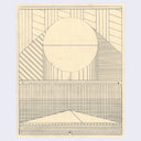 Linear pencil drawing on cream colored paper of many straight lines and some geometric shapes. Focal point is a large circle with a straight line running through it.