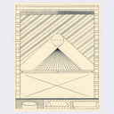 Linear pencil drawing on cream colored paper of many straight lines and geometric shapes. Focal point is a pyramid with many straight lines within it and a circle atop the tip, with a dotted line running through it.