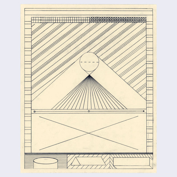 Linear pencil drawing on cream colored paper of many straight lines and geometric shapes. Focal point is a pyramid with many straight lines within it and a circle atop the tip, with a dotted line running through it.